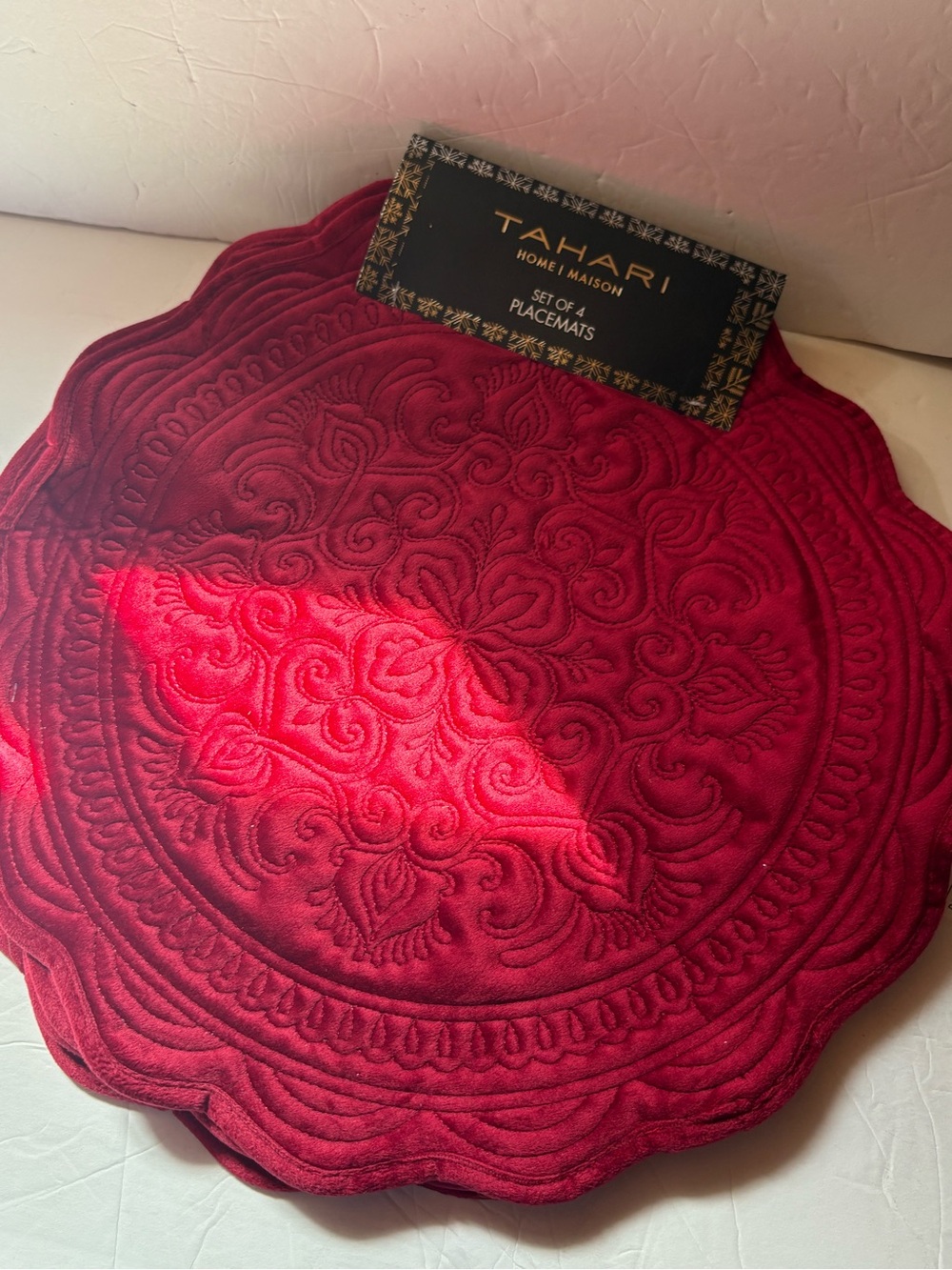 NWT - 4pc: 16” Round Tahari Home Red Quilted Velveteen Placemats